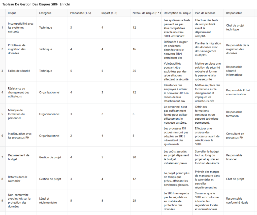Matrice de criticité et gestion des risques en matière de SIRH