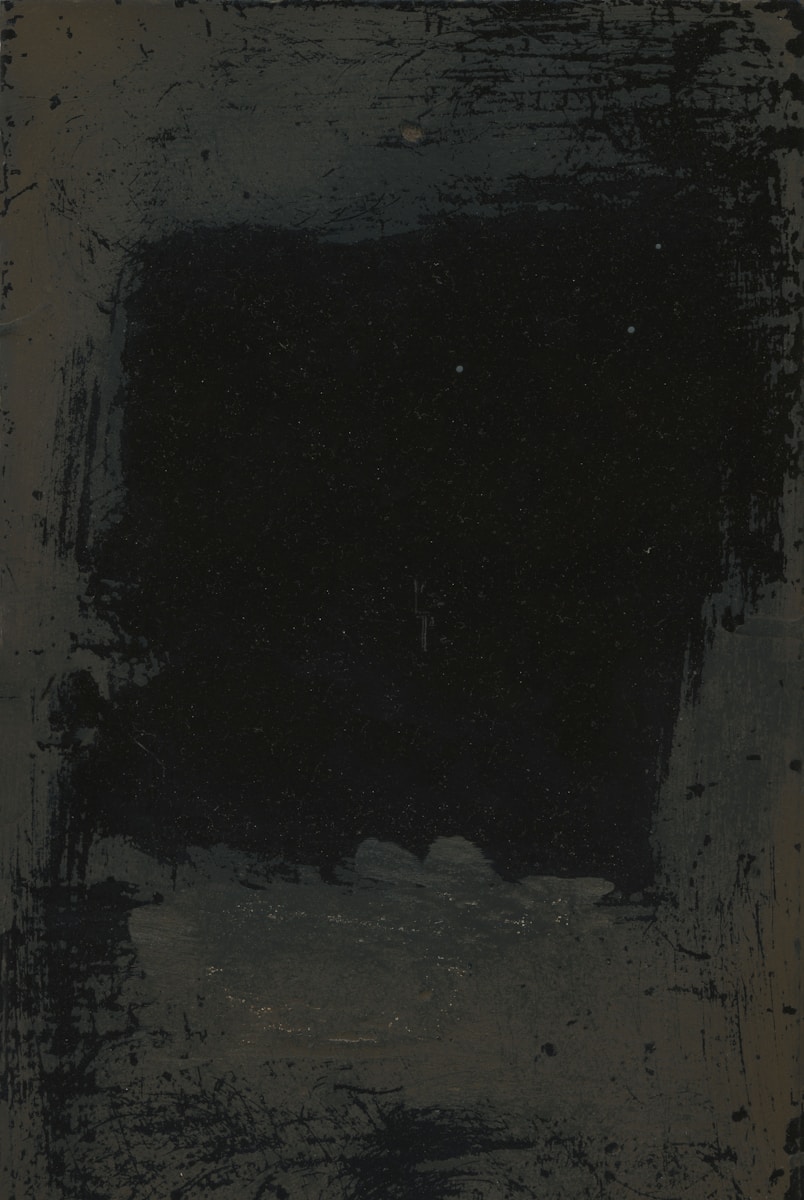 Black rectangle framed by dark, textured colors.